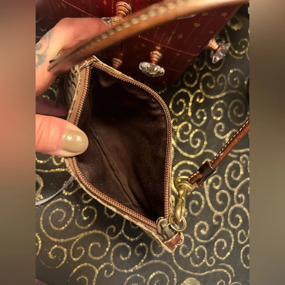 Coach Brown and Tan Suede and Canvas Signature Micro Cs Wristlet